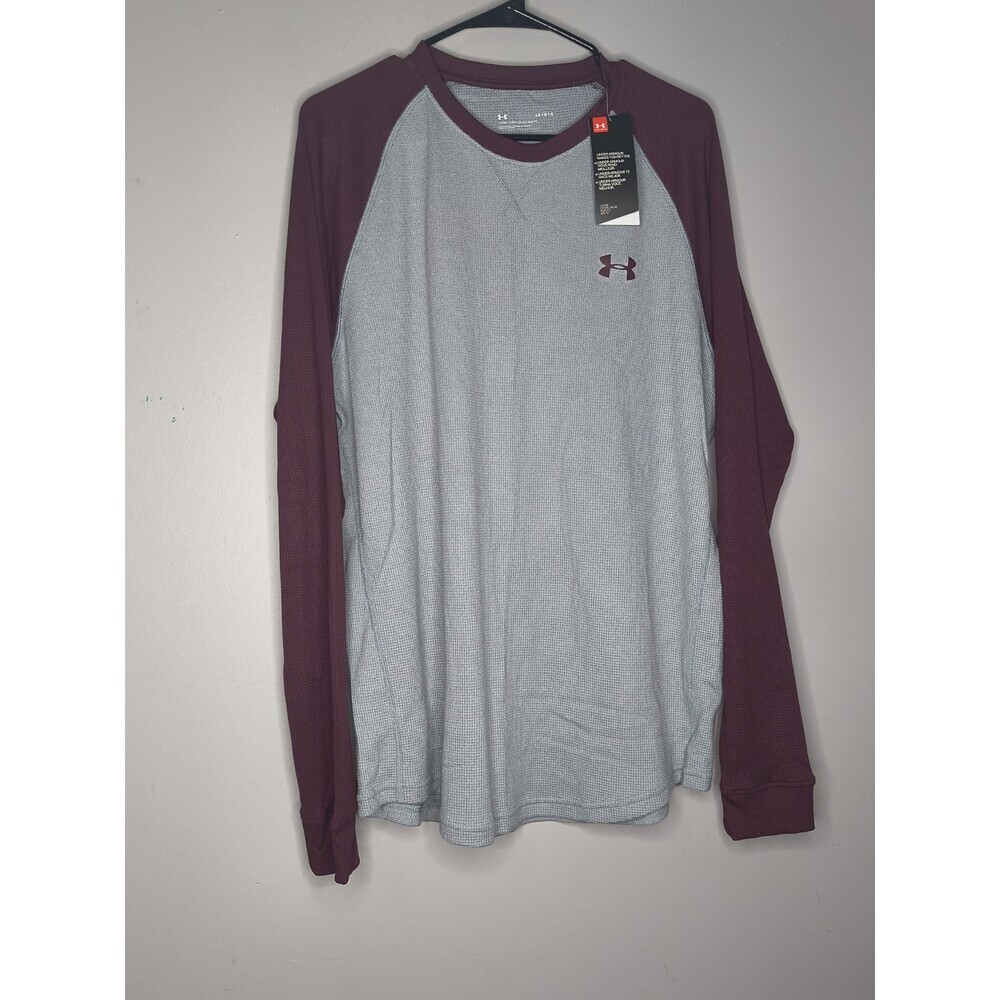 Under Armour UA Waffle Crew Shirt Large Loose Gray Red Long Sleeve Thermal Knit